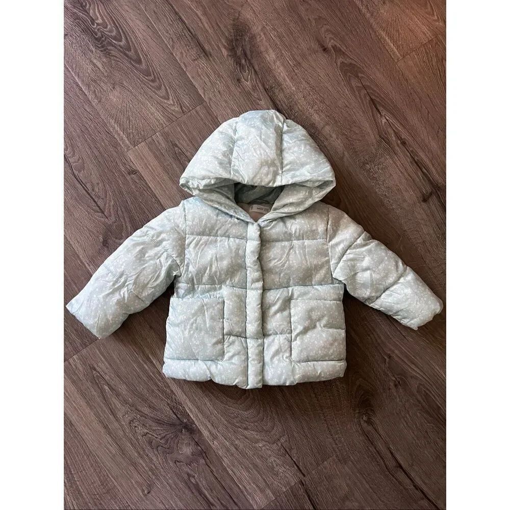 MNG Baby Girl Size 18 -24 Month Blue White Floral Snow Ski Rain Jacket